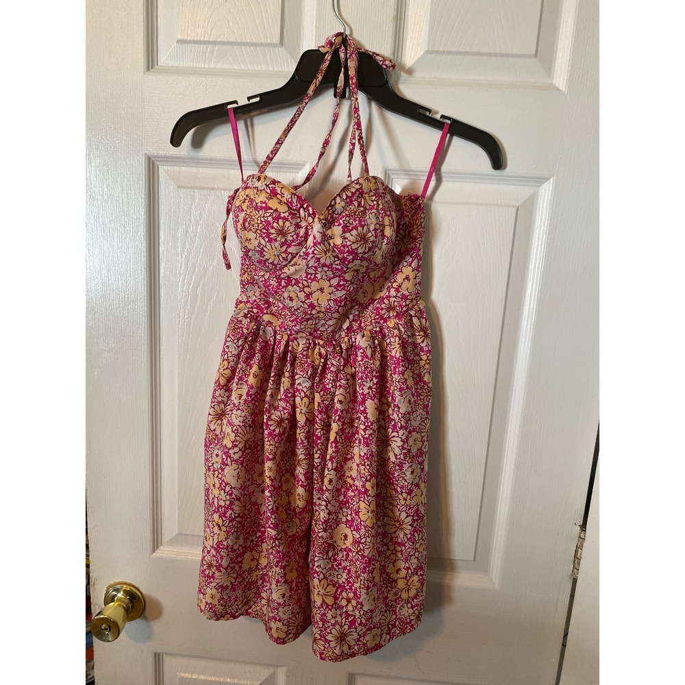 Band of the Free Pink Floral Halter Mini Dress XS Cutout Back Sweetheart Neck